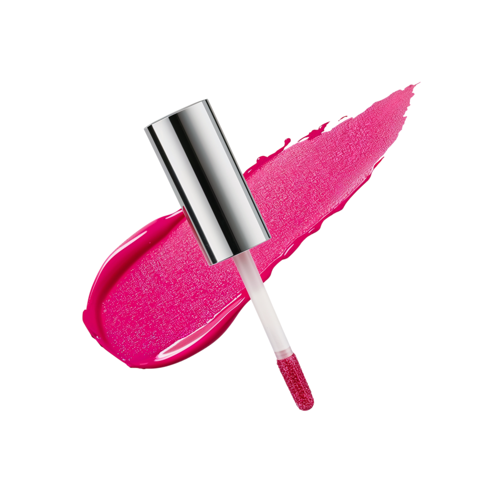 A pink liquid lipstick wand with a smear of lipstick behind it